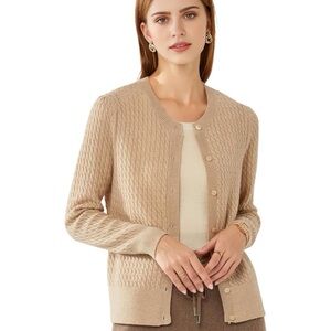 Talbots Women’s Cardigan Size XL Beige Tan Pima Cotton Cable Knit Preppy Sweater